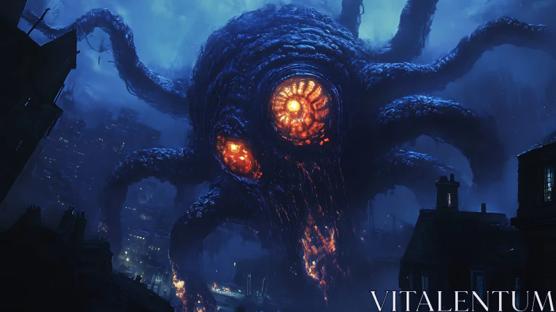Colossal eldritch leviathan engulfs stormlit city skyline.