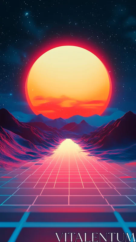 Neon horizon road leading into a glowing retro sunrise.