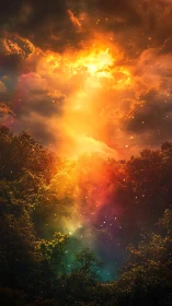 Ethereal Heavenly Light Breaking Through Forest Canopy