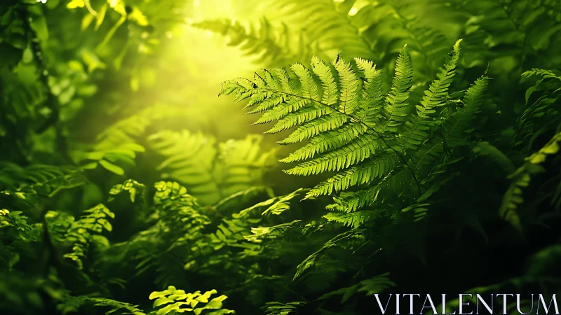 Backlit fern fronds display intricate pinnate foliage in bokeh light
