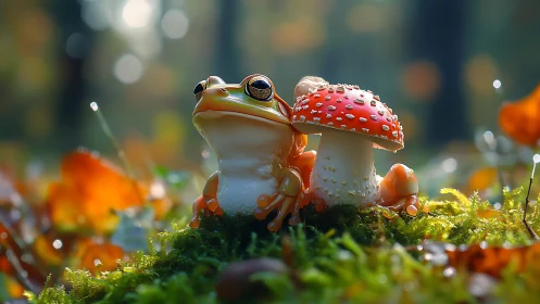 Mossy throne crowns a glossy frog beside ruby-spotted mushroom