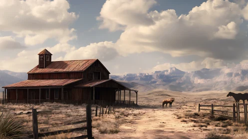 Desert ranch barn under vast clouds and distant ridges.