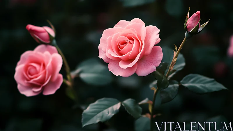 Pink roses at multiple bloom stages with depth-of-field compositional layering
