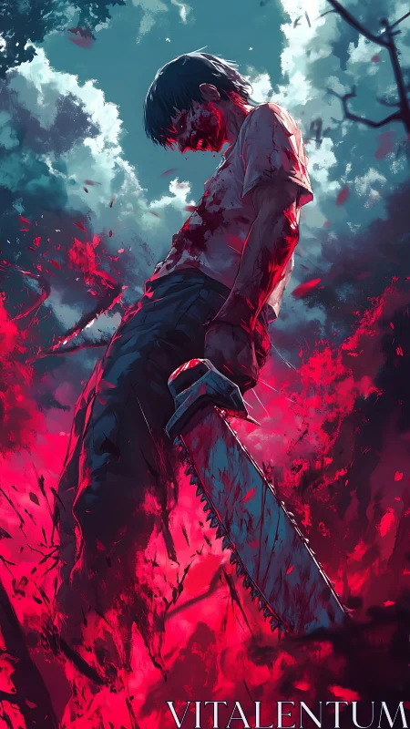 Blood-soaked youth dominates crimson battlefield in dynamic anime