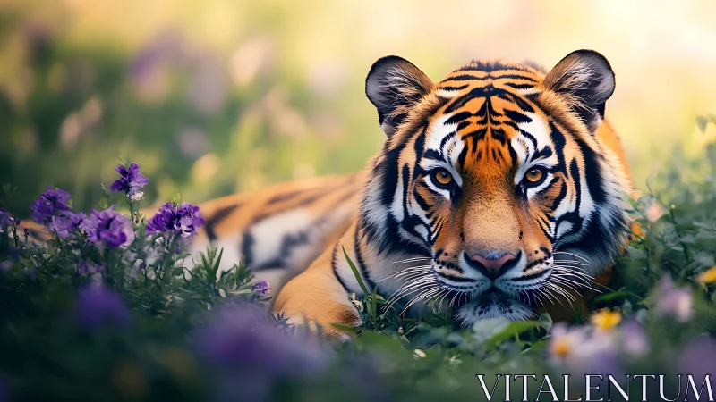 Tiger resting in sunlit meadow with purple wildflowers.