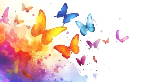 Colored butterflies move across mixed watercolor splashes