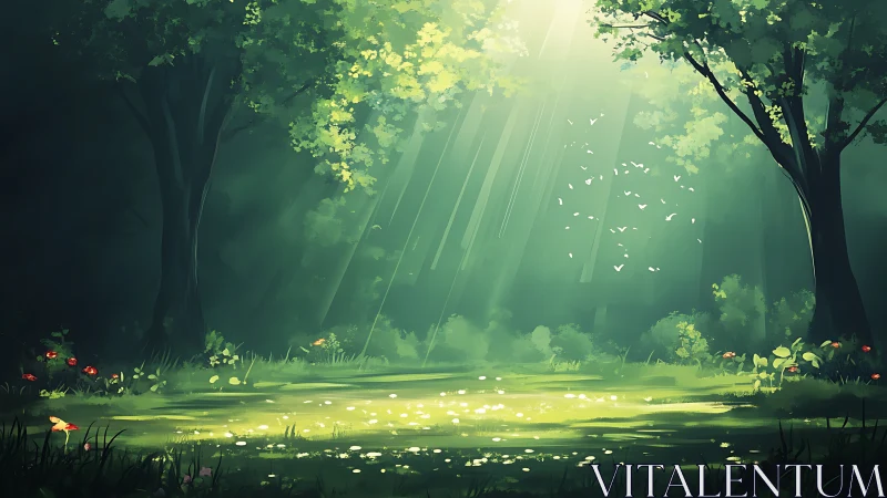 Enchanted Forest Clearing: Luminous Rays Through Ancient Trees.
