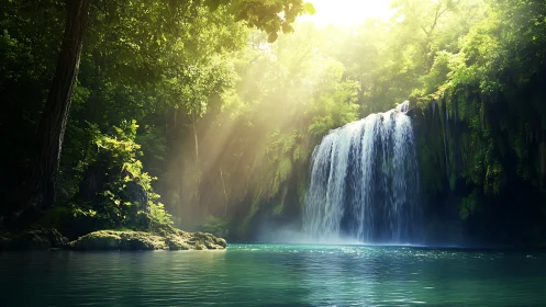 Sunlit jungle waterfall cascading into emerald lagoon.