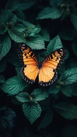 Gentle orange butterfly resting softly on deep green leaves.