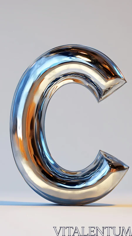 Reflective metallic letter C stands upright on neutral ground