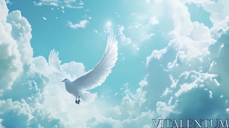 White dove glides through luminous turquoise sky of clouds.