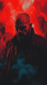 Bald male figure in red smoke with shadowed background forms.