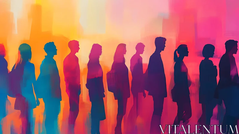 Silhouetted crowd moves through radiant abstract sunset haze.