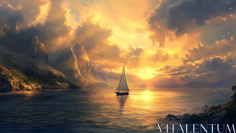 Lone sailboat crossing sunlit fjord at blazing sunset.