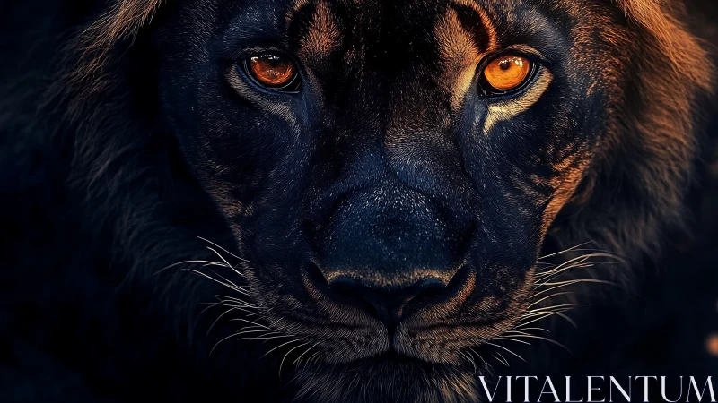 Black Lion Portrait with Luminous Amber Eyes