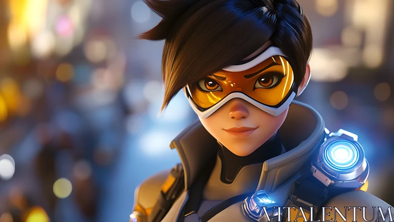 Bright-eyed sci fi heroine poised in a glowing city night.