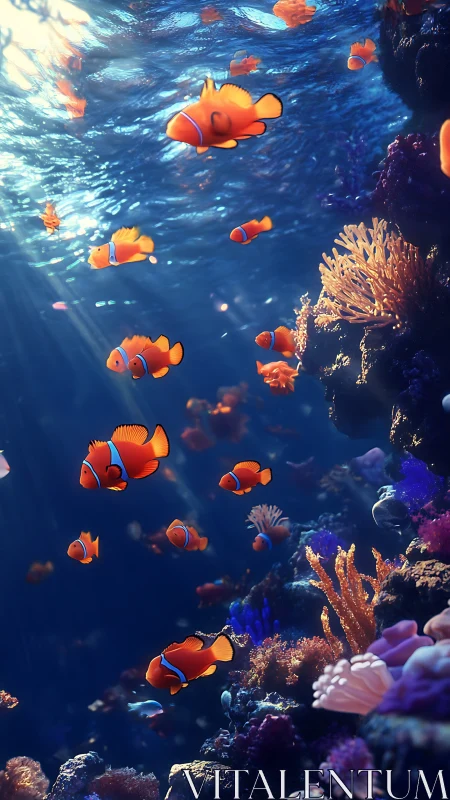 Clownfish drifting through sunlit coral reefs in calm seas.