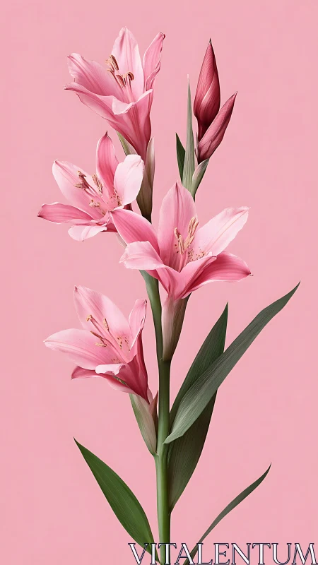 Pink Lilies with Dual Bloom States Against Monochromatic Rose Background.