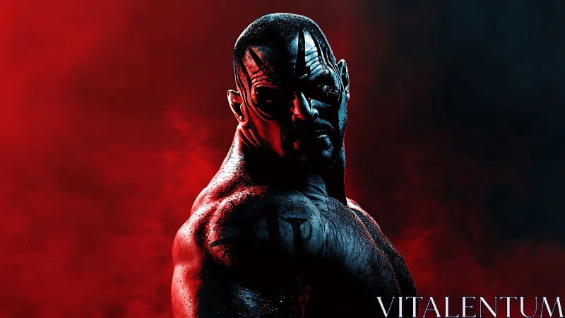 Warrior silhouette emerges from red and black inferno haze.