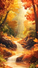 Luminous Autumn Forest Stream with Cascading Waterfall and Radiating Foliage.