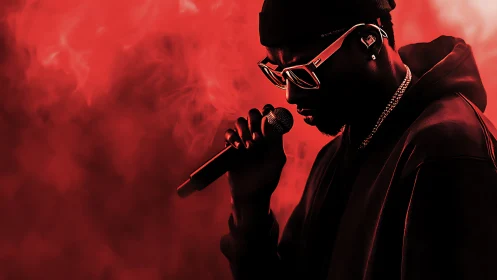 Silhouetted hip hop vocalist under red stage haze.