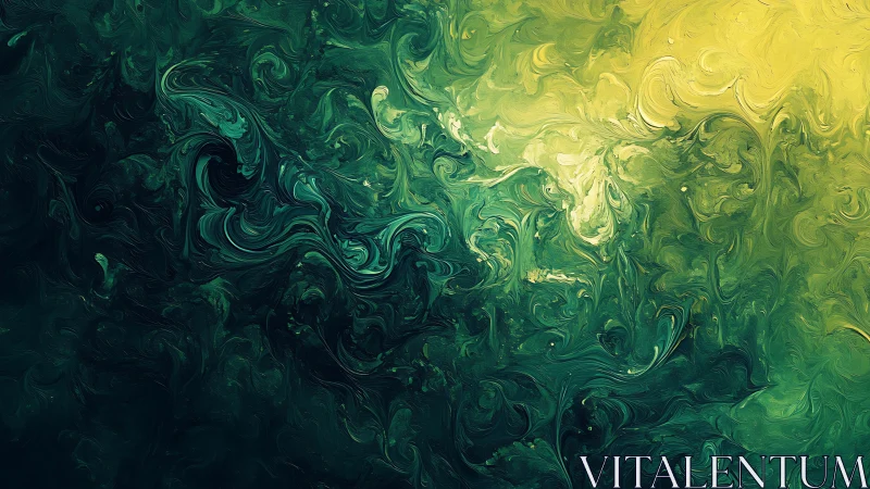 Turbulent emerald pigment field under luminous yellow gradient.