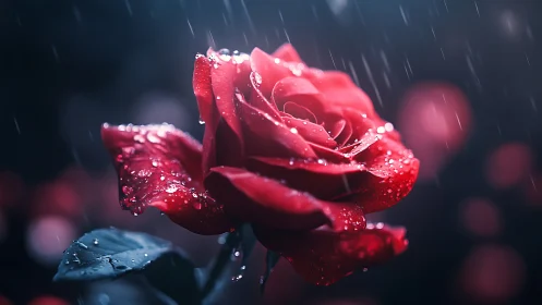 Red rose with water droplets in rain against dark background