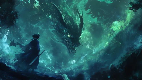 Stormlit swordsman confronting spectral emerald dragon.