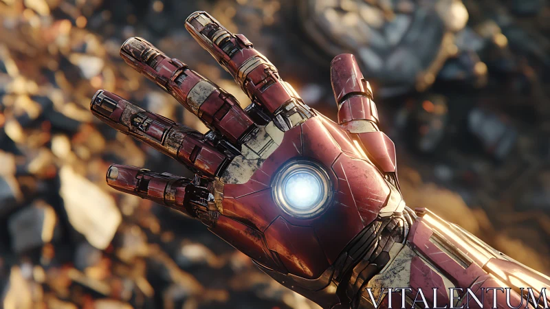 Damaged red mech gauntlet emits central repulsor glow in flight