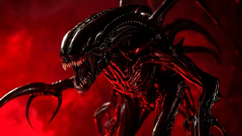Ferocious alien creature rendered in red cinematic lighting.