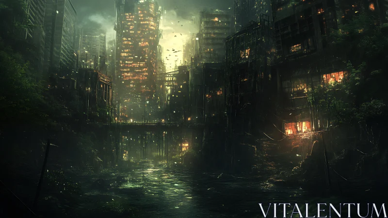Emerald floodlights bathe a haunted cyberpunk river city.