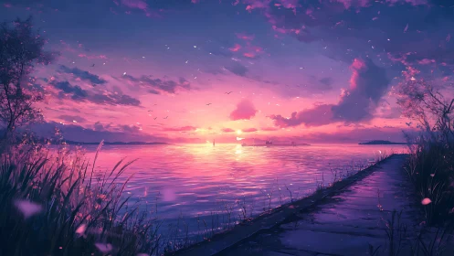 Twilight lakeside boardwalk under magenta cyan sunset sky