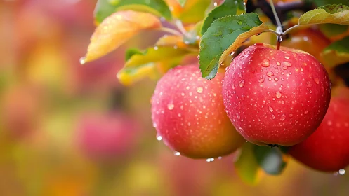 Macro orchard study of dewy apples in soft autumn bokeh.