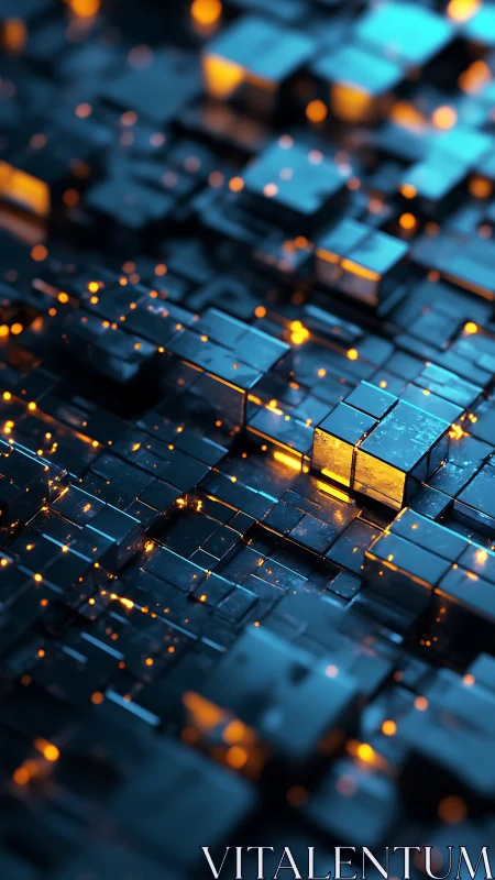 Glowing data cubes pulse across a dark futuristic gridscape