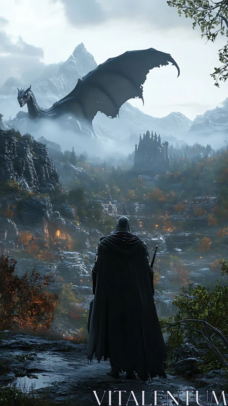 Lone armored knight confronts looming dragon above citadel.