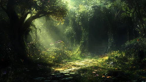 Enchanted Forest Canopy Path Illuminated by Golden Rays