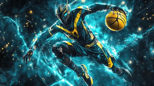 Cybernetic dunker in teal energy vortex mid-flight motion.