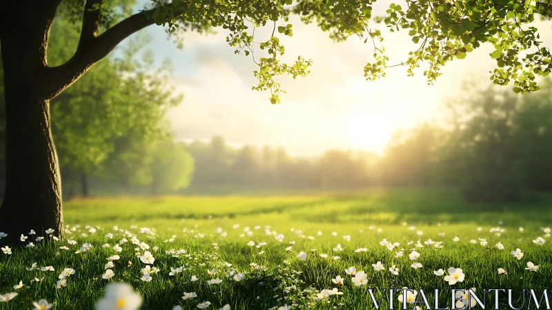 Sunlit meadow renders soft depth of field and volumetric haze
