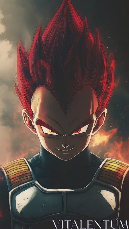 Fiery warrior’s quiet grin against a stormy cosmic blaze.