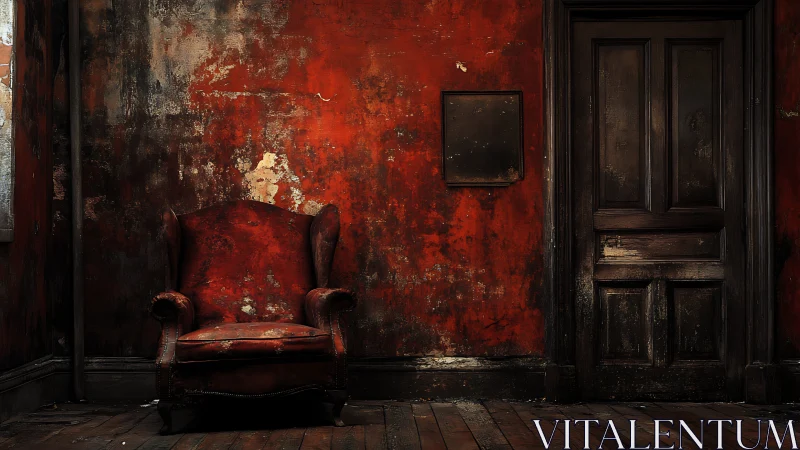 Worn red armchair stands against a distressed interior wall