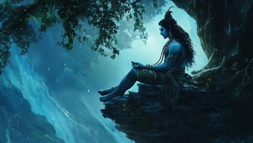 Blue-skinned seated figure meditates on a rock ledge at night