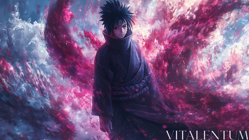 Dark-haired ninja stands amid swirling crimson chakra storm.