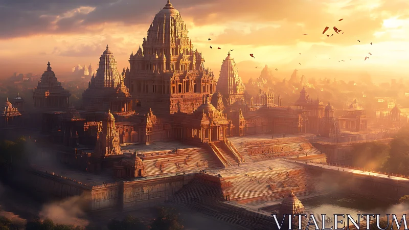 Procedural sunrise rendering of monumental stepped temple city.