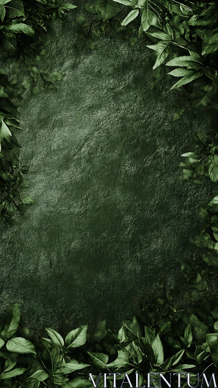 Textured emerald stone field framed by dense botanical foliage.