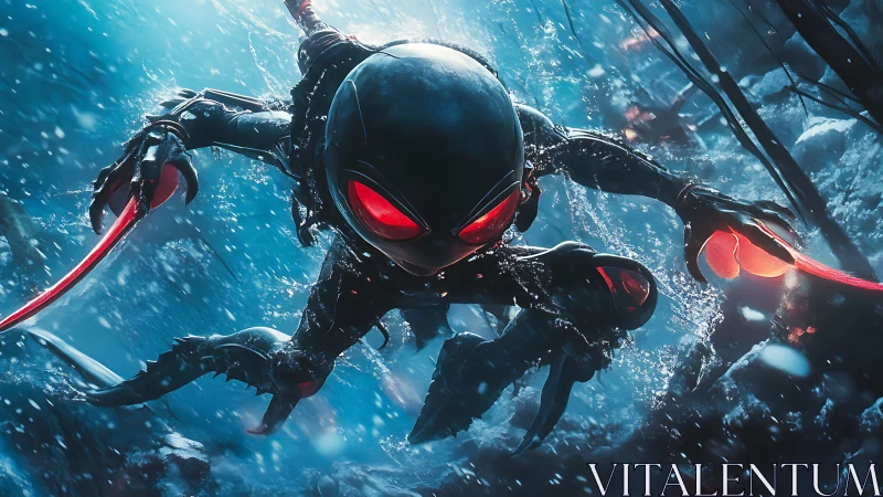 Armored aquatic assassin lunges forward in icy blue depths.