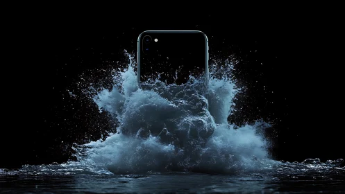 Smartphone emerging from dramatic water splash in dark scene.