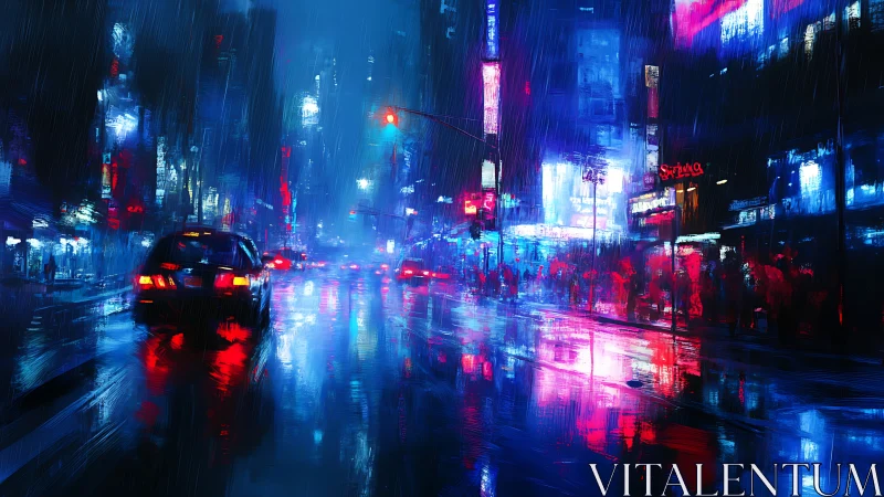 Neon taxi glides through rain-soaked cyberpunk city street.