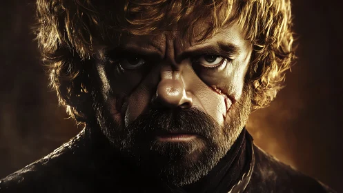 Intense scarred warrior gazes forward with fierce resolve