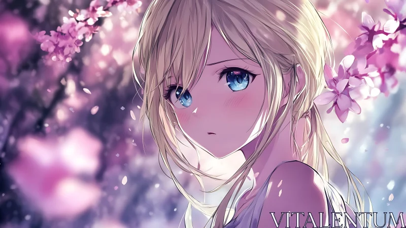 Melancholic anime girl gazes through soft pink blossoms