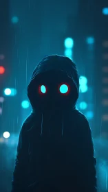 Hooded urban figure with glowing eyes in rainy neon street.
